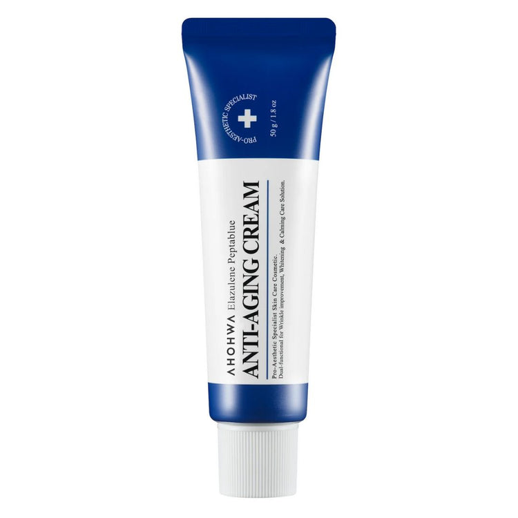 AHOHWA Elazulene Peptablue Anti-Aging Cream jar with blue cream texture – Korean clinical skincare for wrinkles, peptides, and hydration