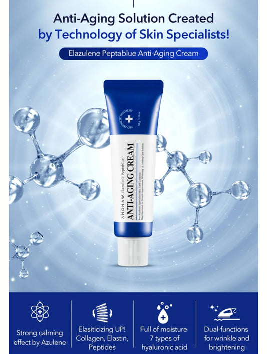 Elazulene Peptablue Anti-Aging Cream with molecular structure illustration on a blue background