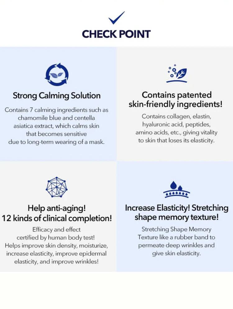Product description card with text about a strong calming solution and its benefits on a white background.