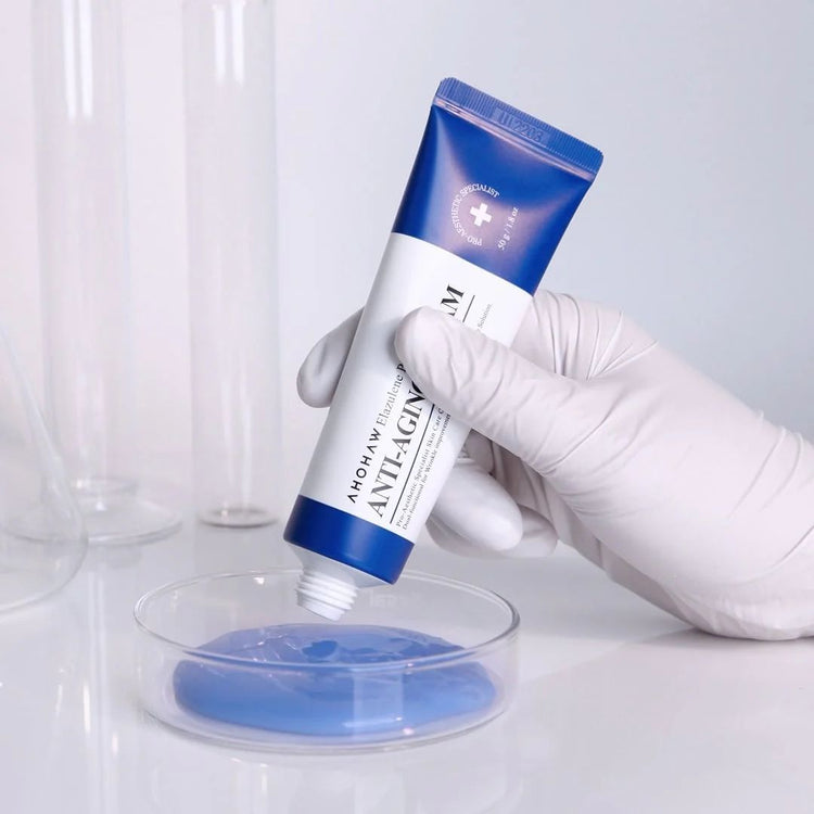 Luxury blue and white packaging of AHOHWA medical-grade Korean anti-aging cream