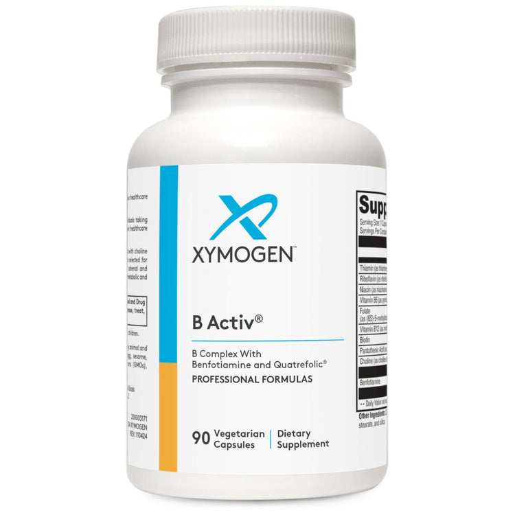 B Activ® 90 Capsules by Xymogen - Comprehensive vitamin B complex supplement that supports energy, metabolism, nervous system health, adrenal function, and overall vitality. Free from common allergens and artificial additives.