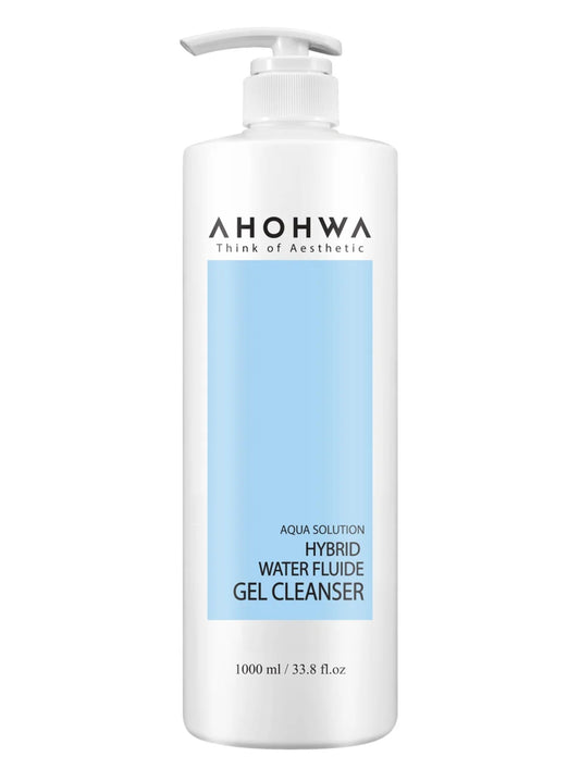 AHOHWA Hybrid Water Fluide Gel Cleanser bottle with pump, a gentle hydrating face wash for sensitive skin.