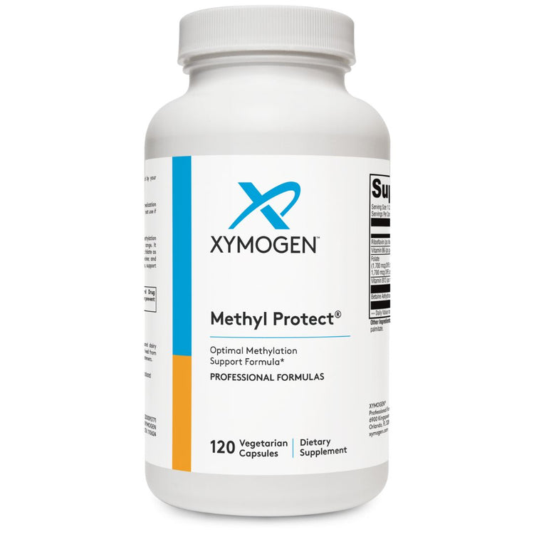 Methyl Protect supplement bottle with blue label showing methylation support formula