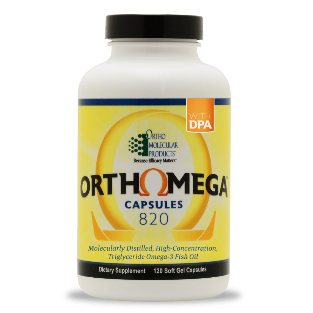 Orthomega® provides 820 mg of eicosapentaenoic acid (EPA) and docosahexaenoic acid (DHA) as well as 50 mg of docosapentaemoic acid (DPA) per soft gel as re-esterified triglycerides, the preferred form with superior absorption. Vitamin E (as mixed tocopherols) and rosemary extract are used to ensure maximum purity and freshness.