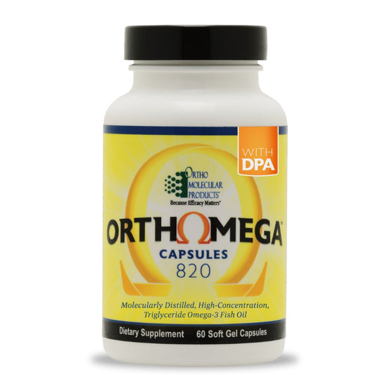 Orthomega® provides 820 mg of eicosapentaenoic acid (EPA) and docosahexaenoic acid (DHA) as well as 50 mg of docosapentaemoic acid (DPA) per soft gel as re-esterified triglycerides, the preferred form with superior absorption. Vitamin E (as mixed tocopherols) and rosemary extract are used to ensure maximum purity and freshness.