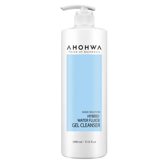 AHOHWA Hybrid Water Fluide Gel Cleanser in sleek white bottle with pump dispenser