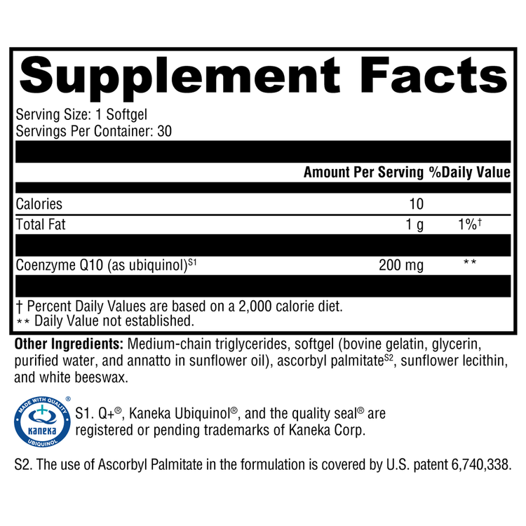 XYMOGEN CoQmax Ubiquinol 200 mg supplement facts label