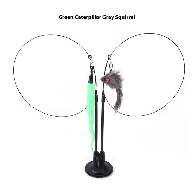 Cat toy with green caterpillar and gray squirrel on a stand against a white background