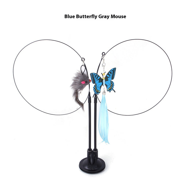 Cat toy with blue butterfly and gray mouse on a white background