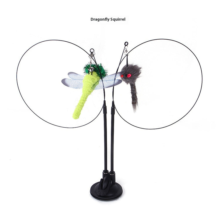 Cat toy with dragonfly and squirrel design on a stand
