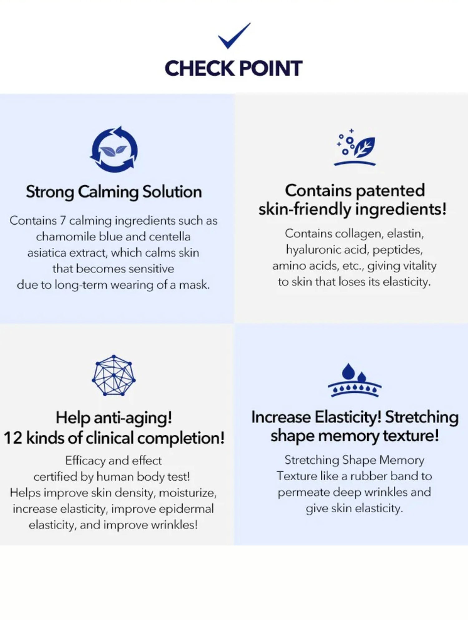 Product description card with text about a strong calming solution and its benefits on a white background.