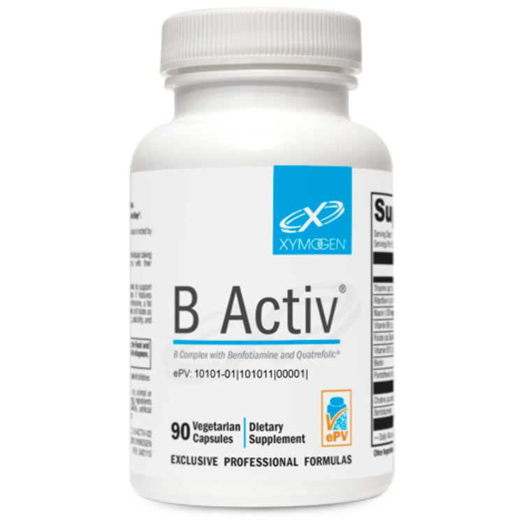 B Activ® 90 Capsules by Xymogen - Comprehensive vitamin B complex supplement that supports energy, metabolism, nervous system health, adrenal function, and overall vitality. Free from common allergens and artificial additives.