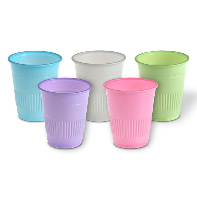 Disposable plastic cups by MARK3, 5oz capacity, 1000 cups per case. Durable, high-quality plastic, ideal for dental office use.