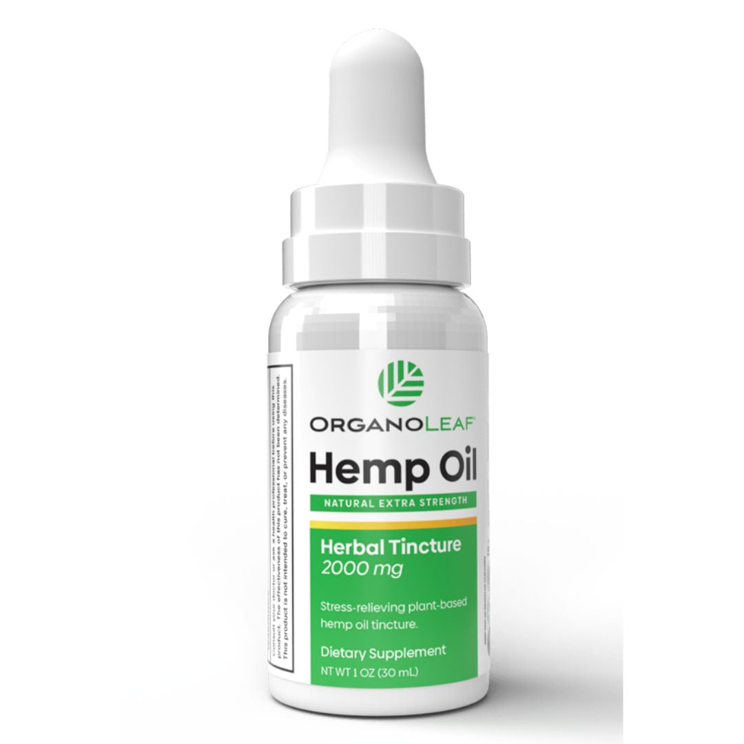 OrganoLeaf Hemp Oil Tincture 2000 mg, 1 oz bottle. Full-spectrum hemp extract for natural wellness support, providing calming and mildly relaxing effects with a positive rise in energy.