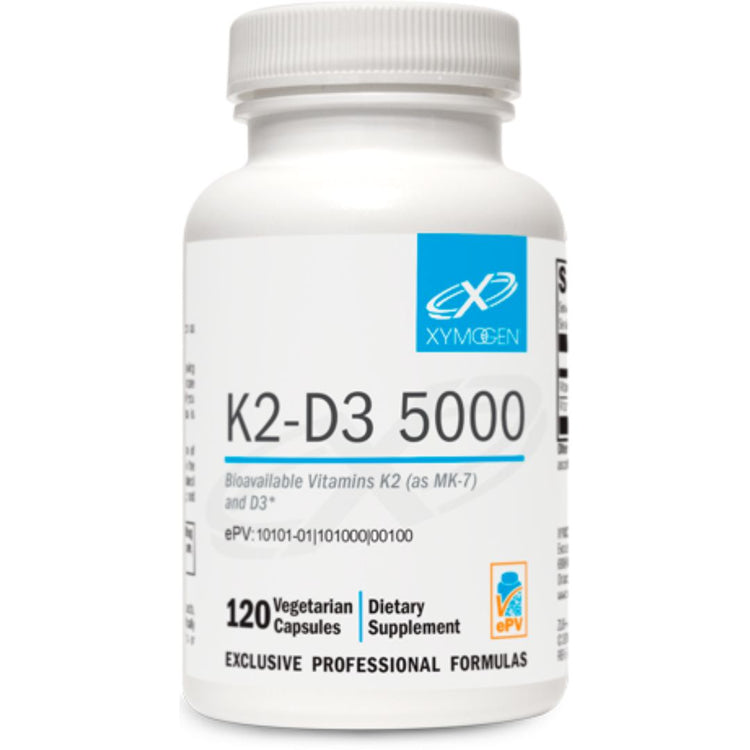 K2-D3 5000 120 Capsules, a dietary supplement combining vitamin D3 and vitamin K2 for bone and cardiovascular health support.