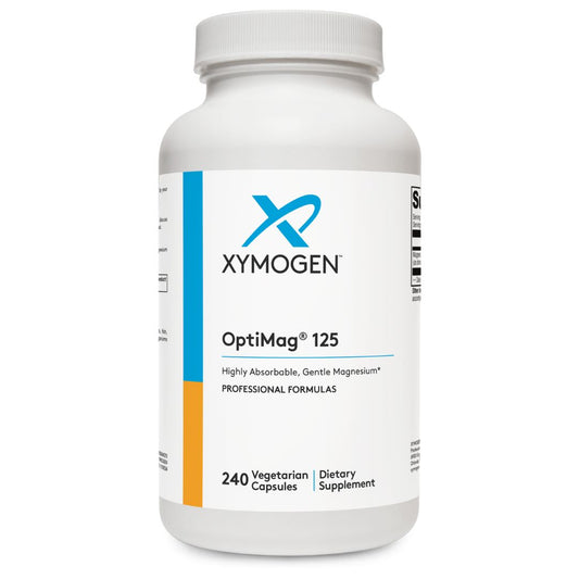 OptiMag 125 magnesium supplement bottle featuring TRAACS® magnesium glycinate and malate for optimal absorption