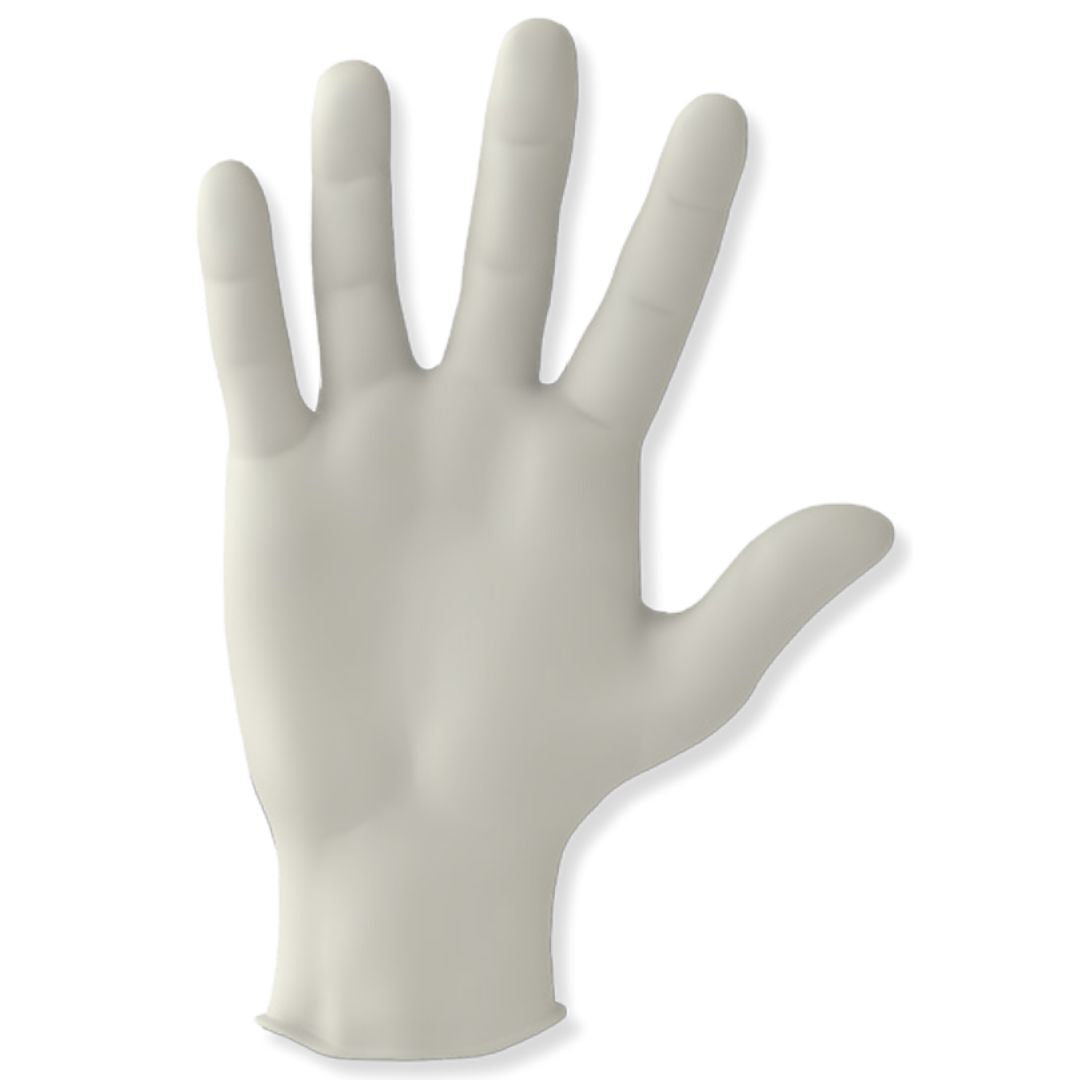 Polymed® Powder Free Latex Exam Gloves by Ventyv, multi-layered latex with copolymers, powder-free, and micro-rough textured surface for enhanced grip.