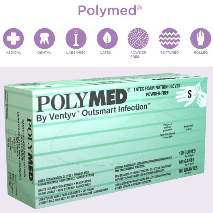 Polymed® Powder Free Latex Exam Gloves by Ventyv, multi-layered latex with copolymers, powder-free, and micro-rough textured surface for enhanced grip.