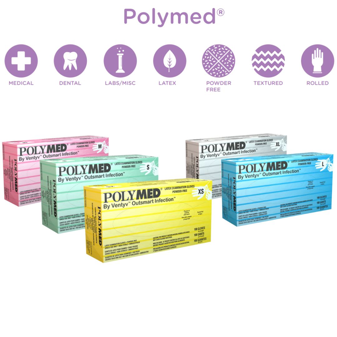 Polymed® Powder Free Latex Exam Gloves by Ventyv, multi-layered latex with copolymers, powder-free, and micro-rough textured surface for enhanced grip.