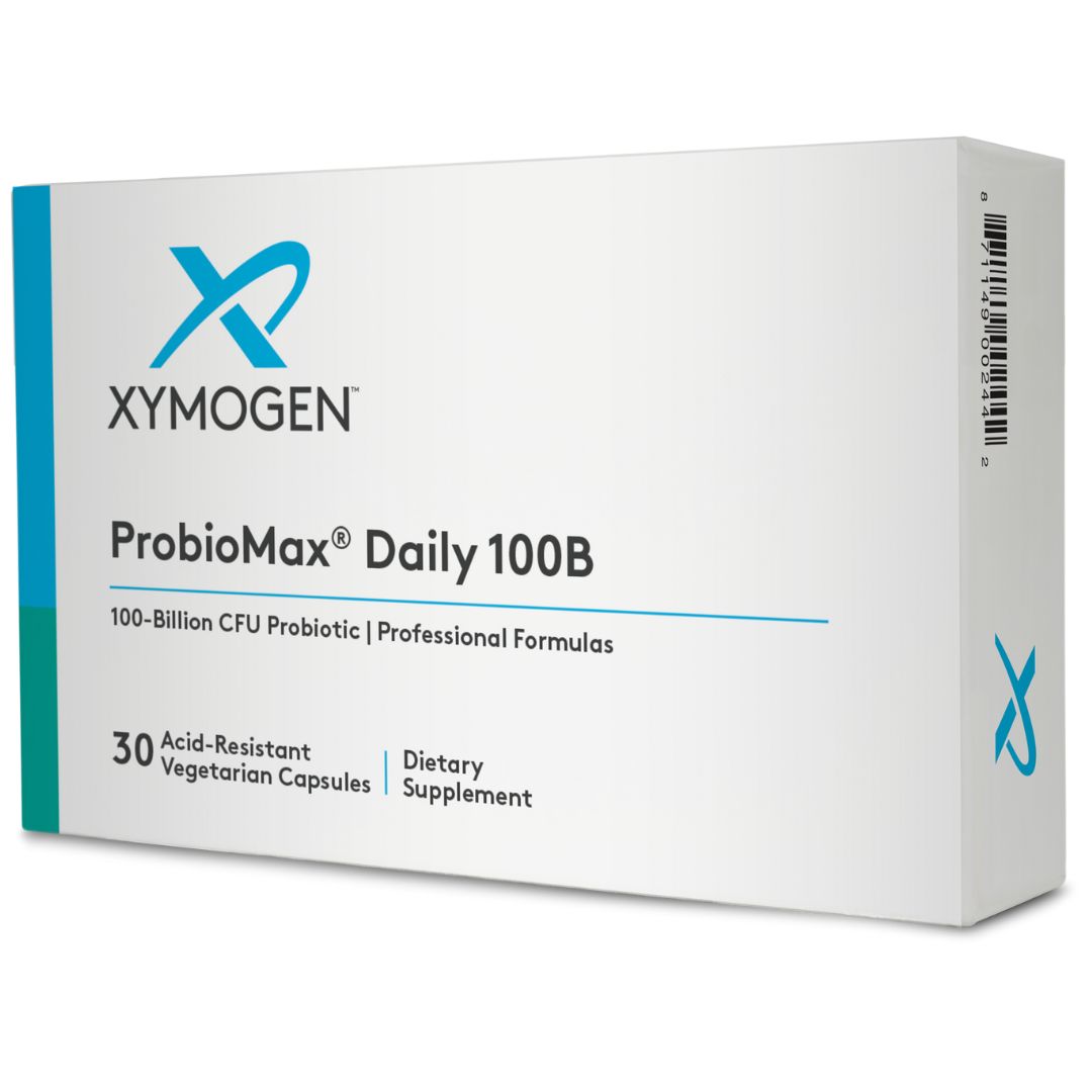 ProbioMax DF probiotic bottle with 100 billion CFU label and nitrogen-purged blister packs