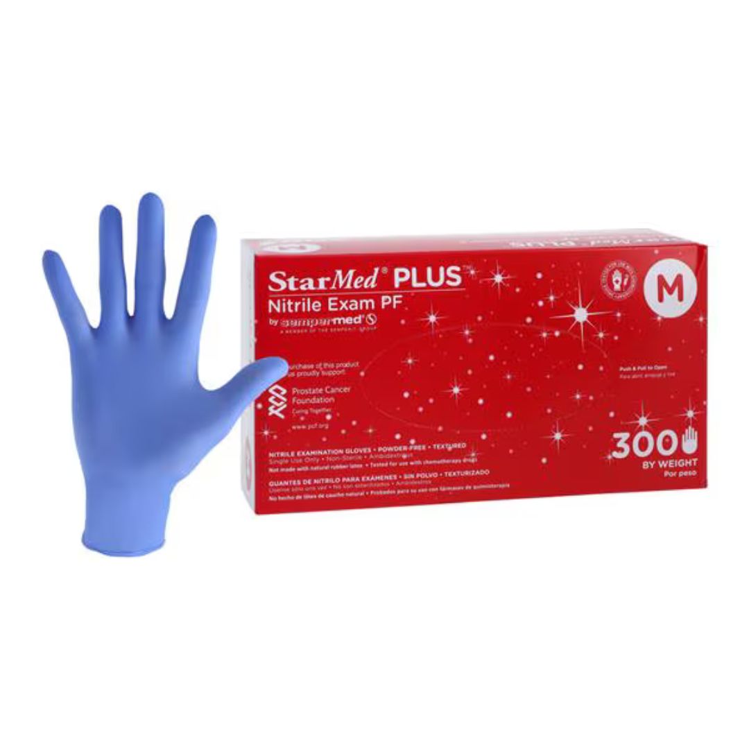 StarMed Plus Nitrile Exam Gloves, powder-free with textured surface for enhanced grip.