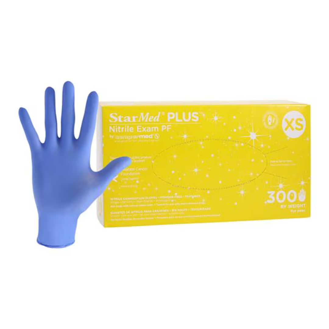 StarMed Plus Nitrile Exam Gloves, powder-free with textured surface for enhanced grip.