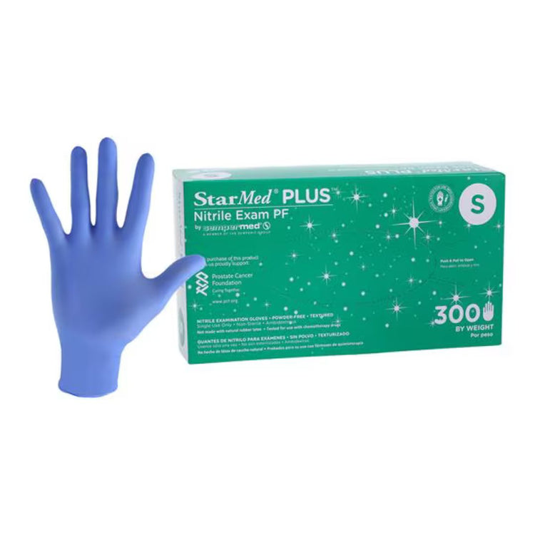 StarMed Plus Nitrile Exam Gloves, powder-free with textured surface for enhanced grip.