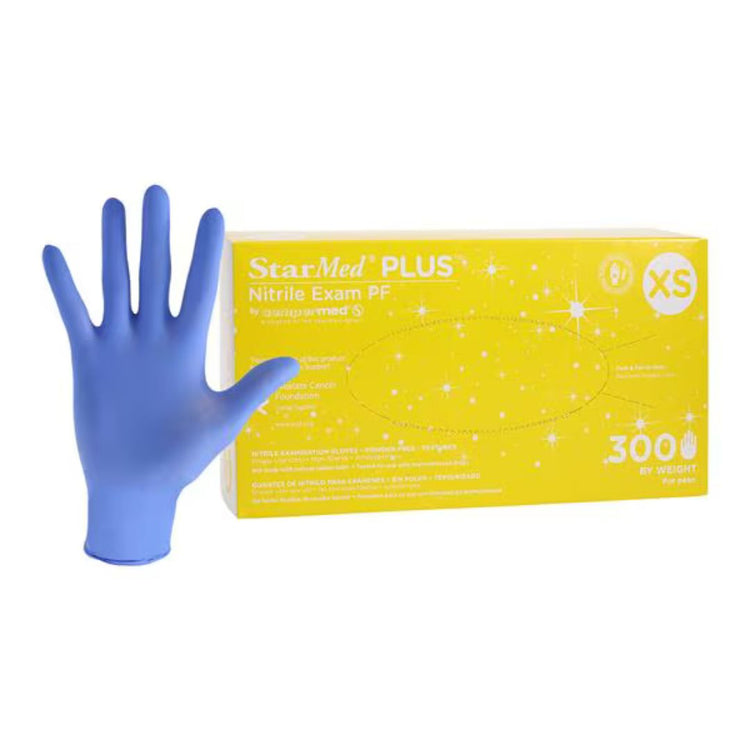 StarMed Plus Nitrile Exam Gloves, powder-free with textured surface for enhanced grip.