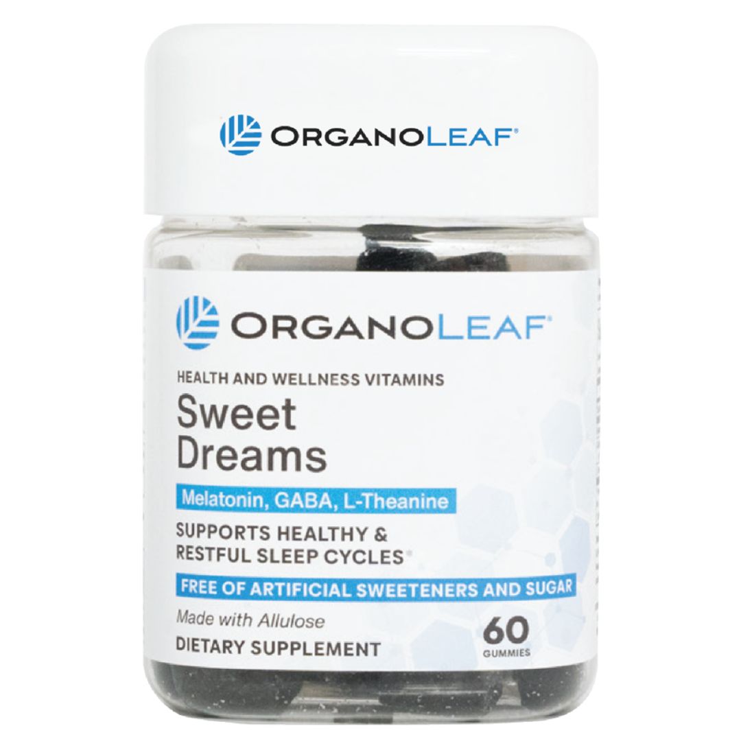 "Organoleaf Sweet Dreams Gummies - 60 count bottle containing sugar-free gummies made with natural ingredients, featuring Melatonin, GABA, and L-Theanine for promoting restful sleep and reducing stress.