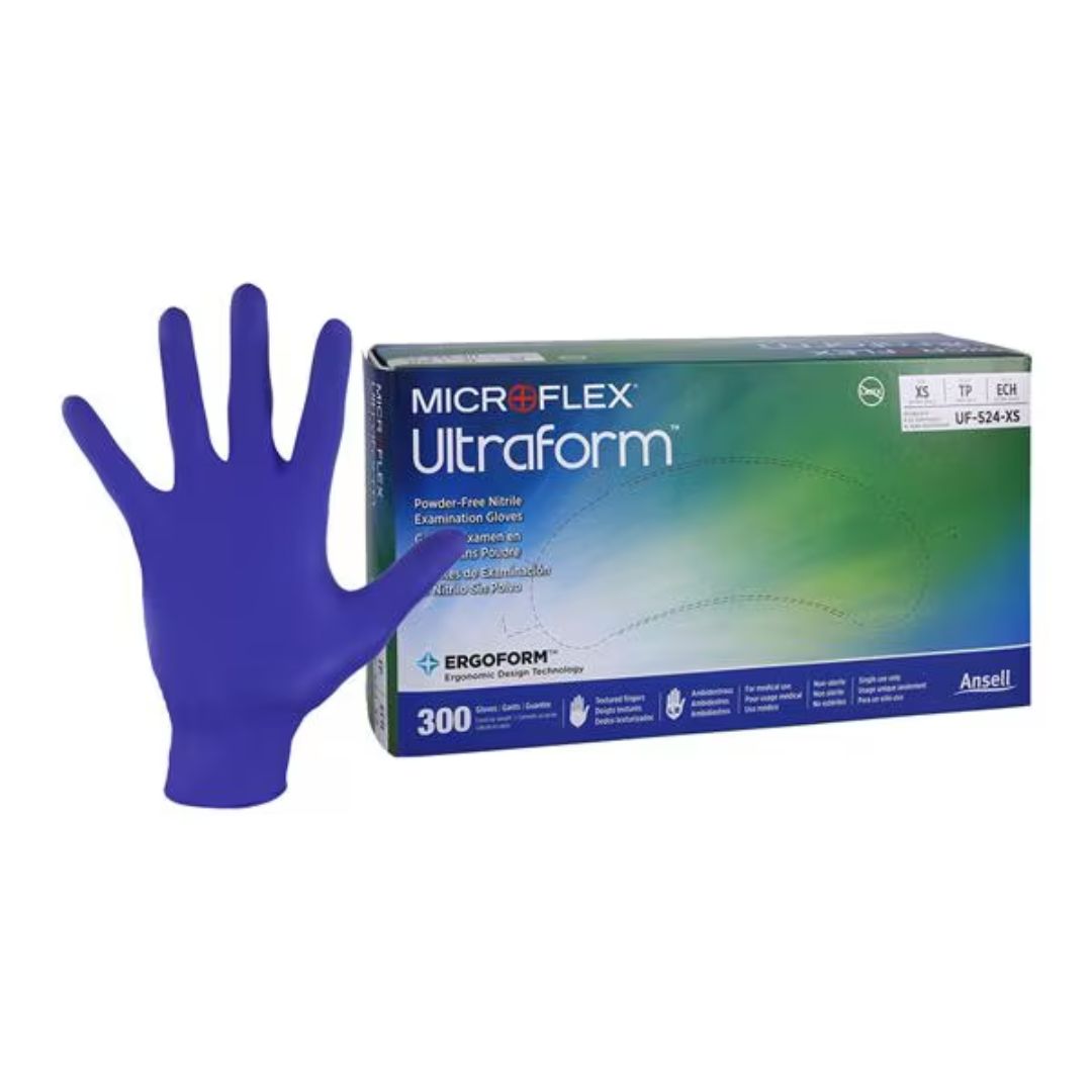 Ultraform Nitrile Exam Gloves, violet blue, non-sterile, powder-free, made from soft and lightweight nitrile, with textured fingertips for secure grip.