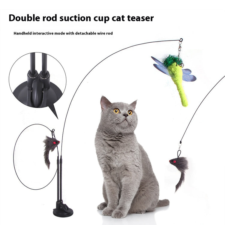 Cat teaser toy with double rod and suction cup, featuring a detachable wire rod and colorful dragonfly attachment.