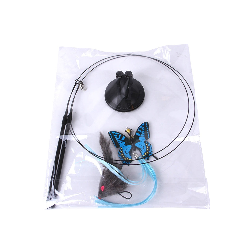 Cat toy with butterfly design in clear packaging on a white background