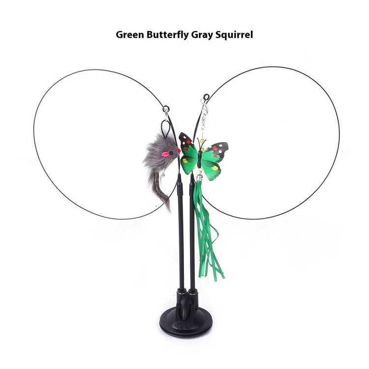 Cat toy with green butterfly and gray squirrel design on a white background
