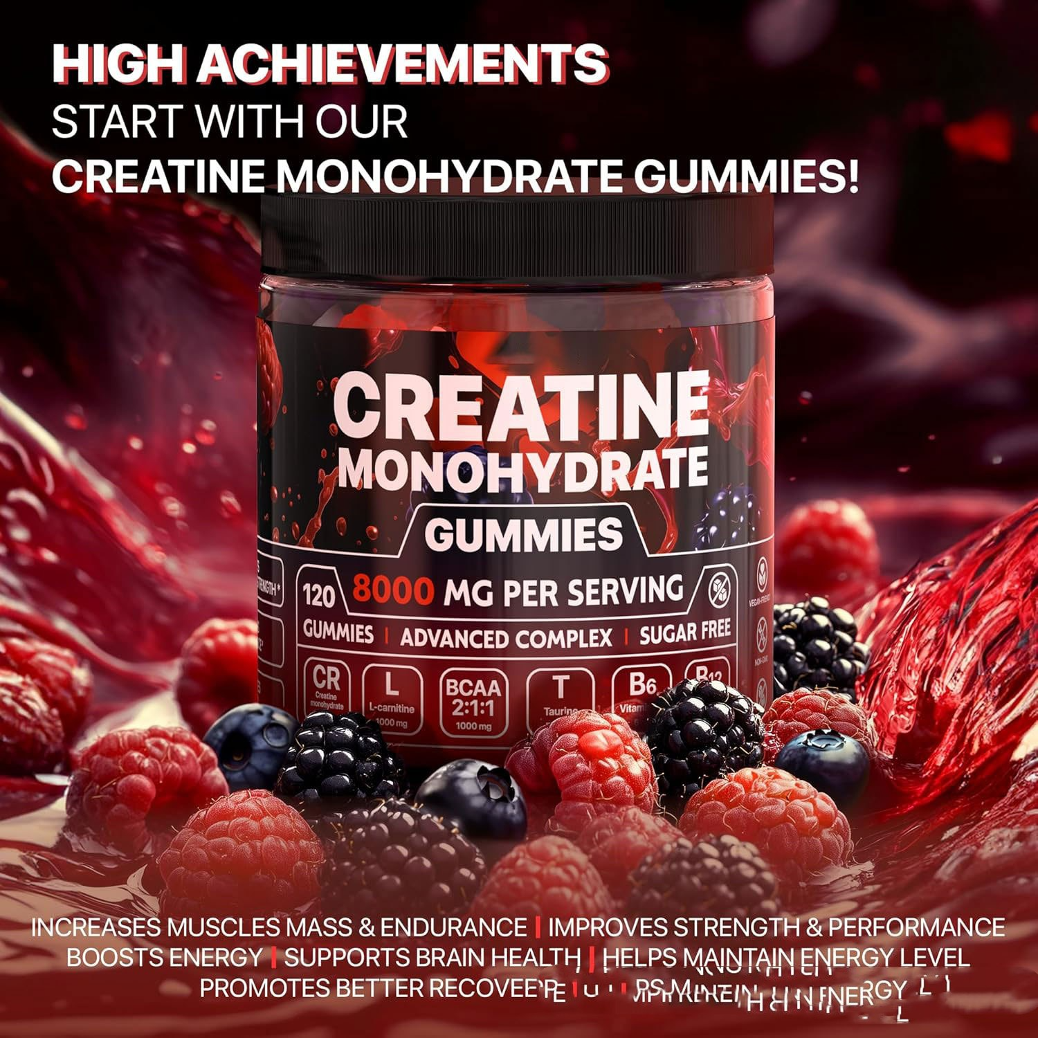 Creatine monohydrate gummies packaging with berries on a dark background
