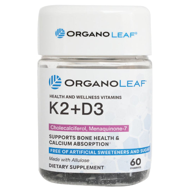 Organoleaf K2+D3 Gummies - 60 count bottle containing delicious, sugar-free gummies made with natural ingredients, providing essential Vitamin D3 and Vitamin K2 for bone health and immune support.